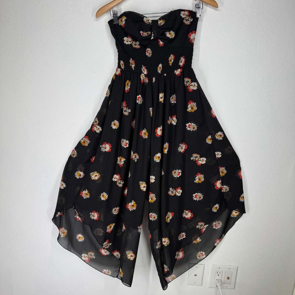 Boho Dark Floral Strapless Handkerchief Hem Jumpsuit Black Small Festival Y2K‎
